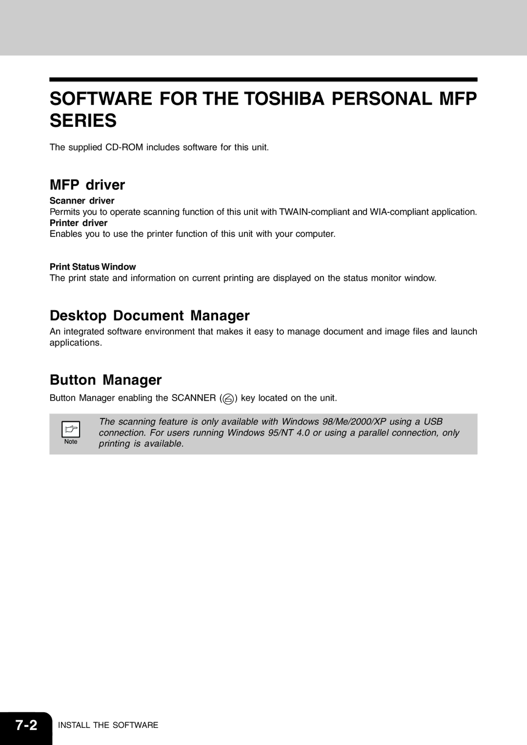 Toshiba 120/150 manual Software for the Toshiba Personal MFP Series, MFP driver, Desktop Document Manager, Button Manager 