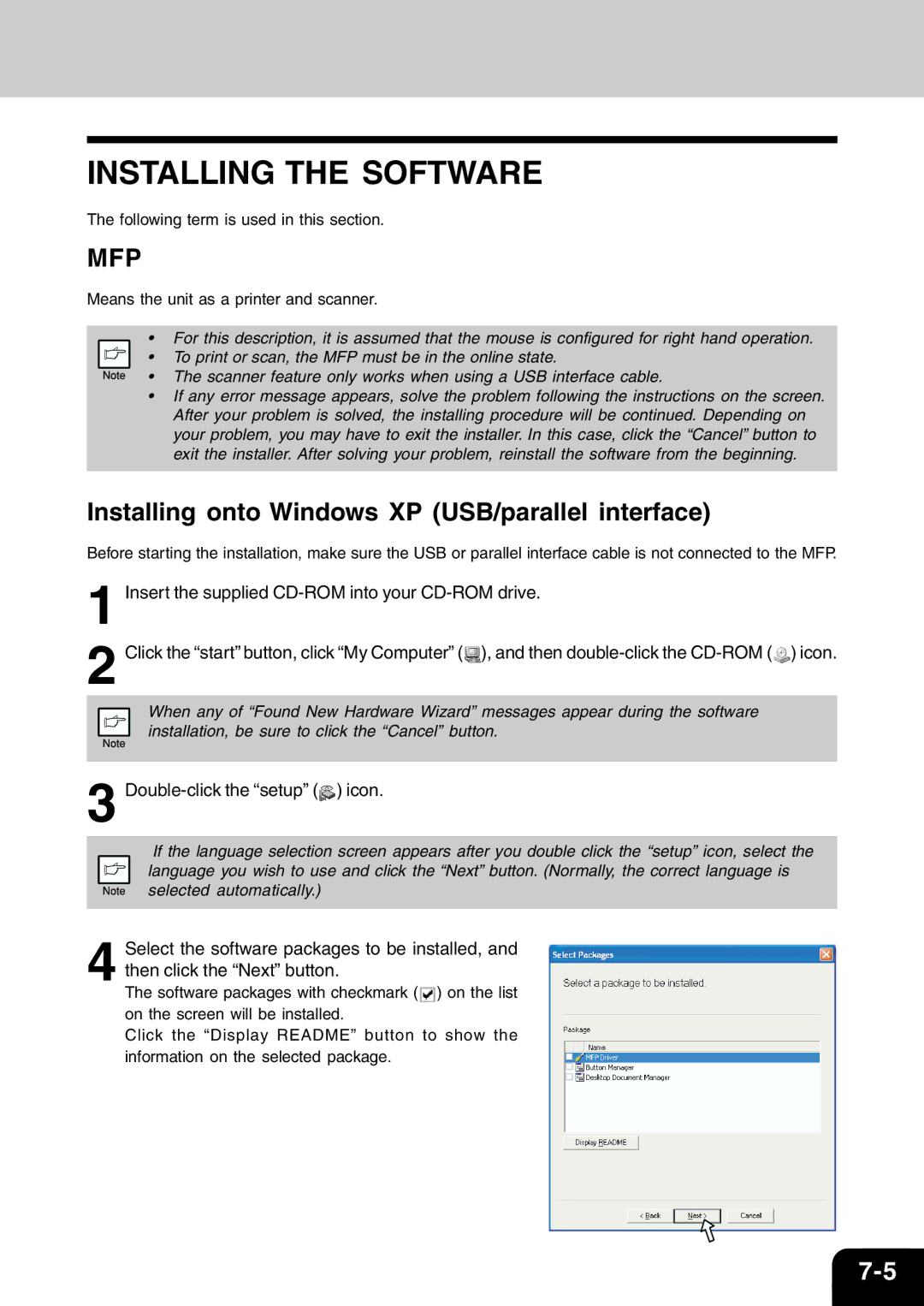 Toshiba 120/150 Installing the Software, Installing onto Windows XP USB/parallel interface, Double-click the setup icon 