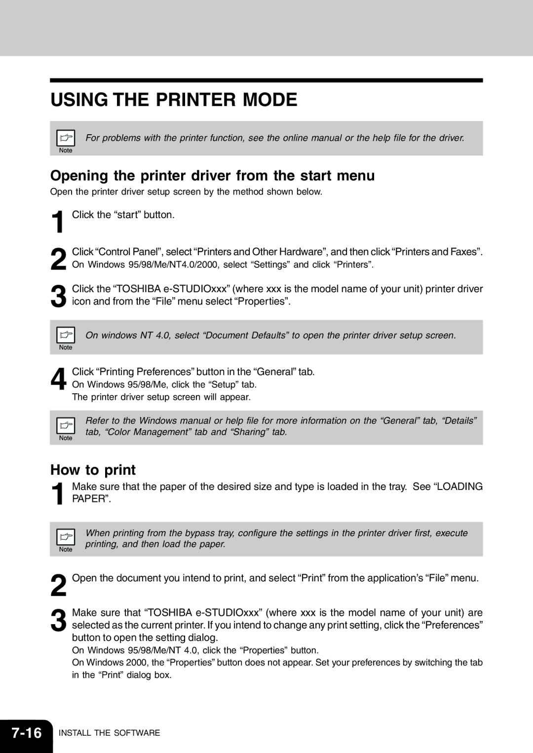 Toshiba 120/150 manual Using the Printer Mode, Opening the printer driver from the start menu, How to print 