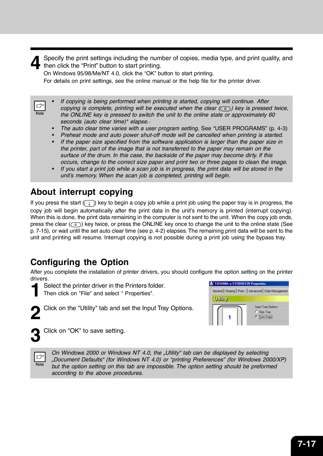 Toshiba 120/150 manual About interrupt copying, Configuring the Option 