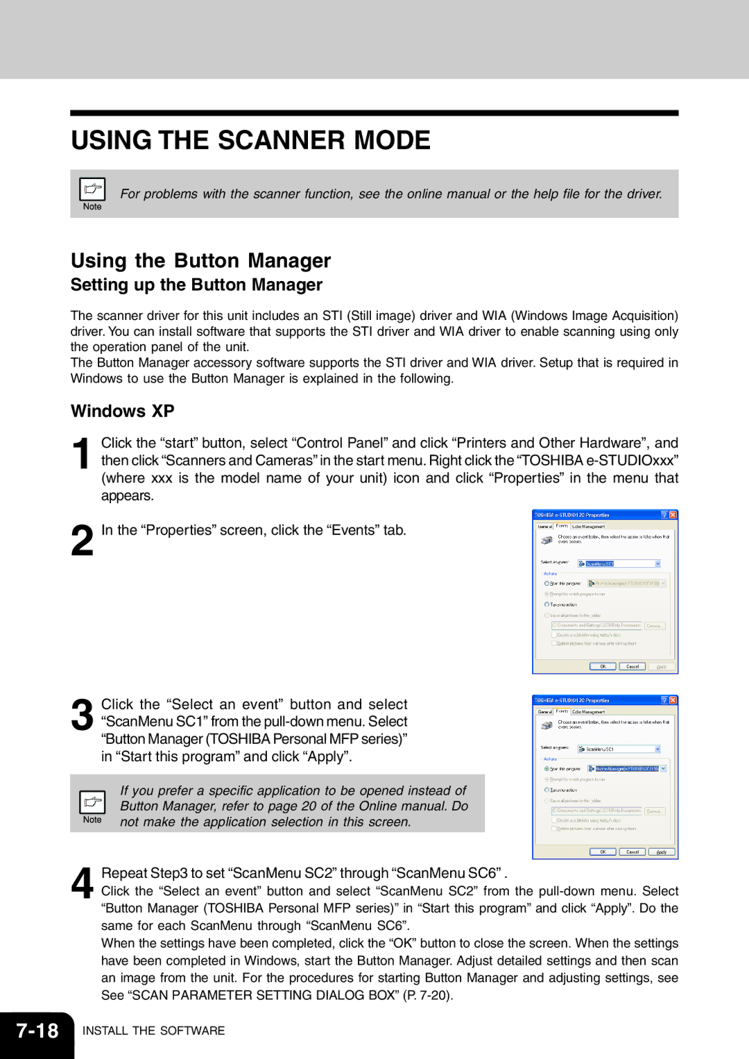 Toshiba 120/150 manual Using the Scanner Mode, Using the Button Manager, Setting up the Button Manager, Windows XP 