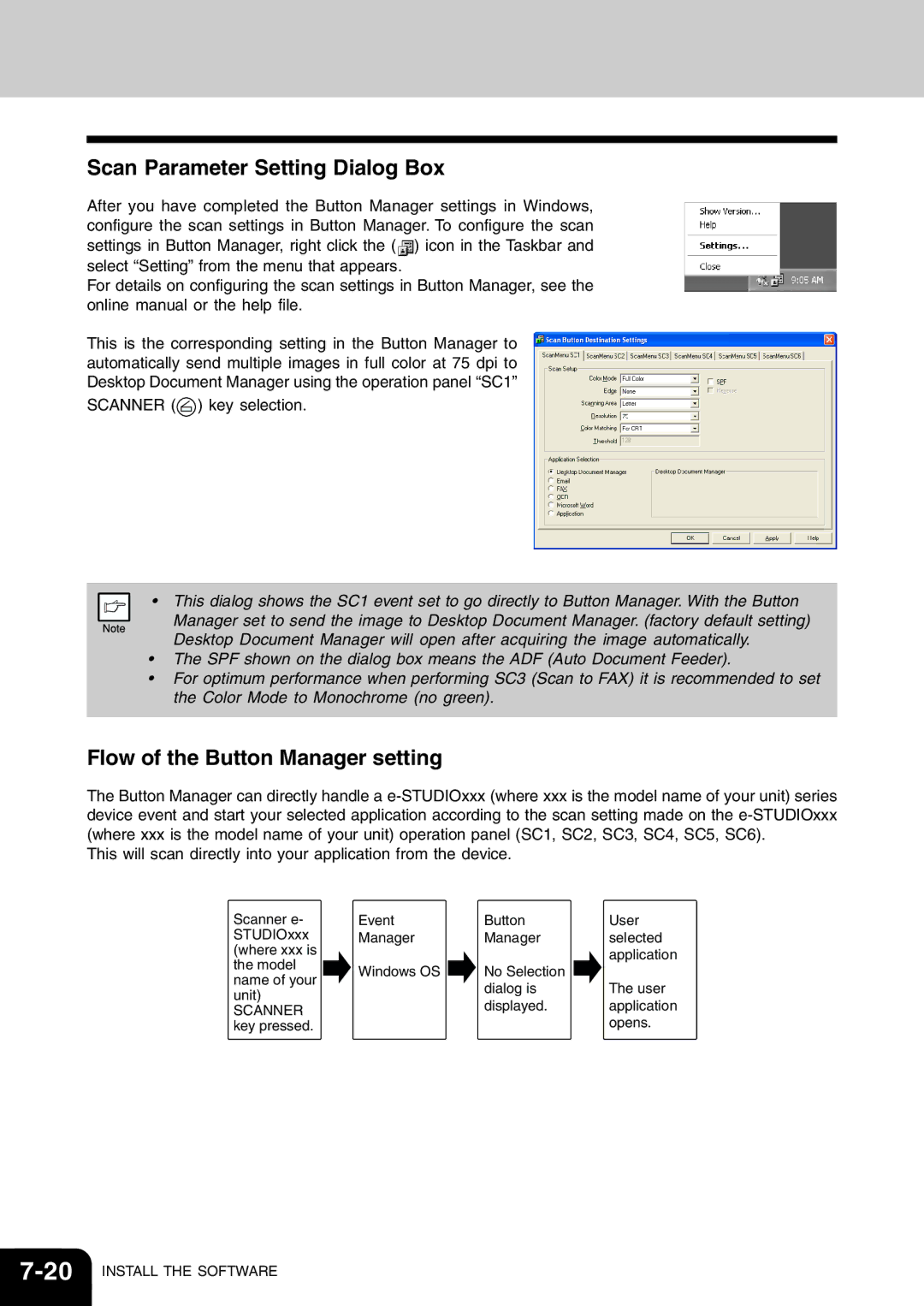 Toshiba 120/150 manual Scan Parameter Setting Dialog Box, Flow of the Button Manager setting 