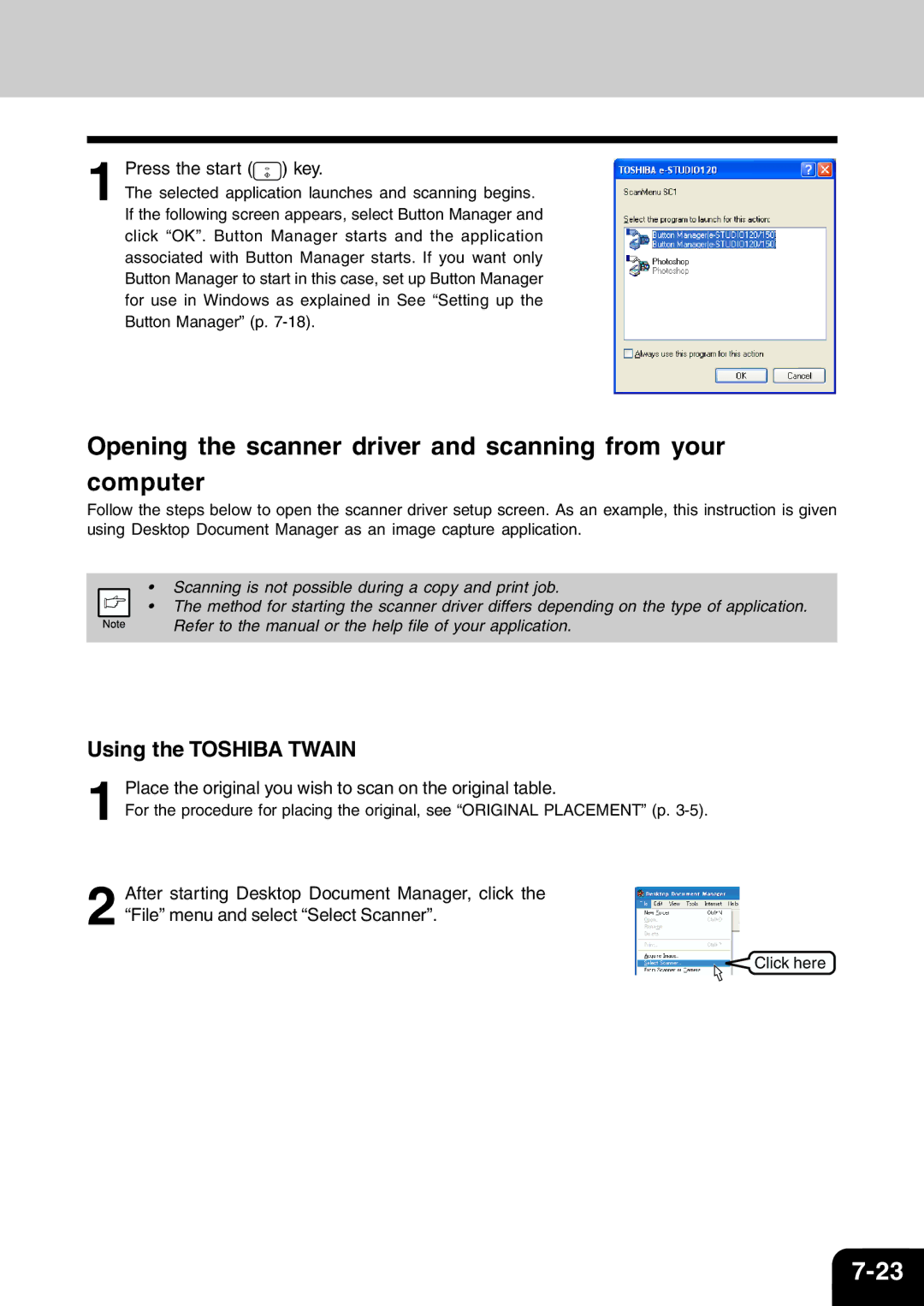 Toshiba 120/150 Opening the scanner driver and scanning from your computer, Using the Toshiba Twain, Press the start key 