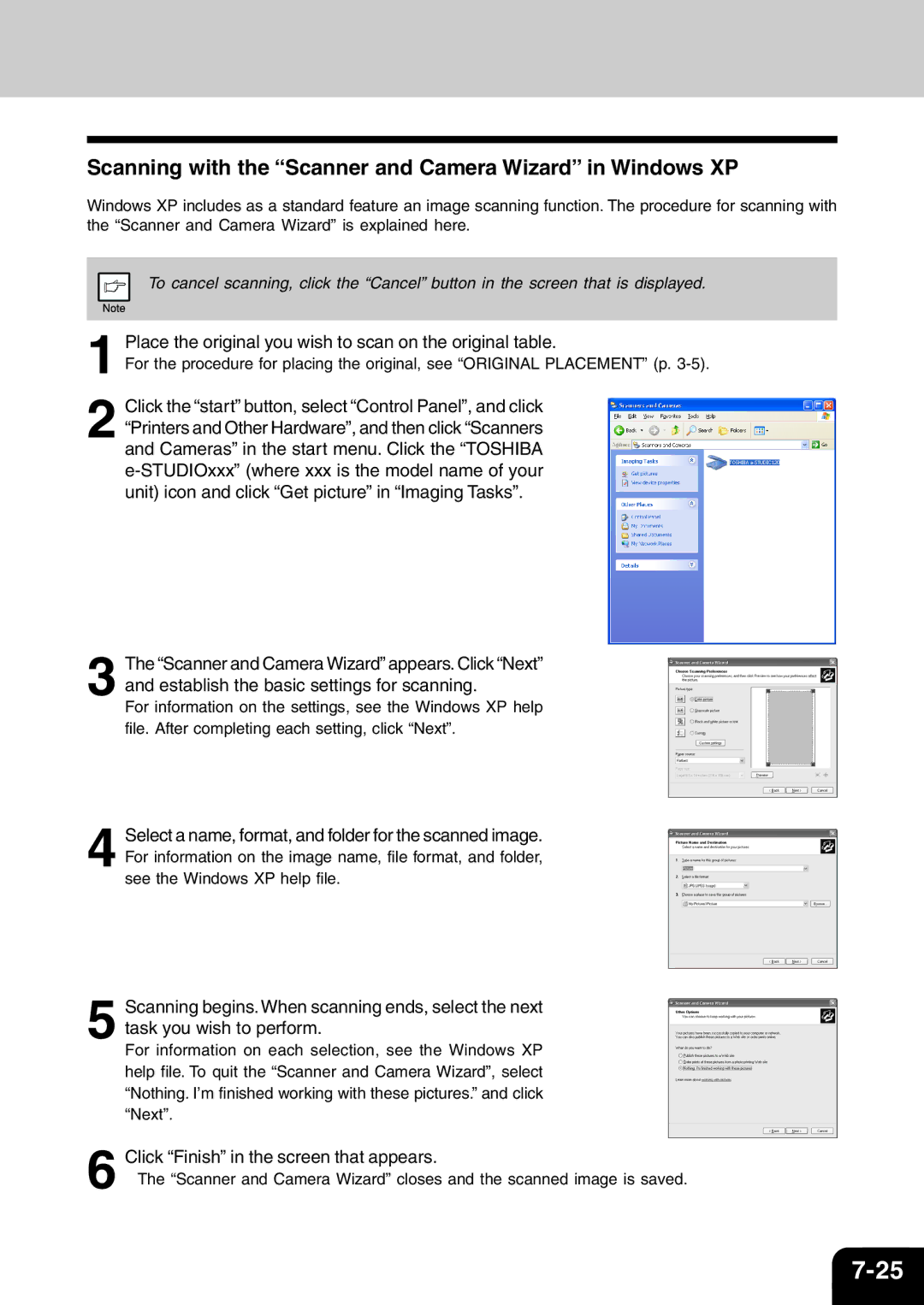 Toshiba 120/150 manual Scanning with the Scanner and Camera Wizard in Windows XP, Click Finish in the screen that appears 