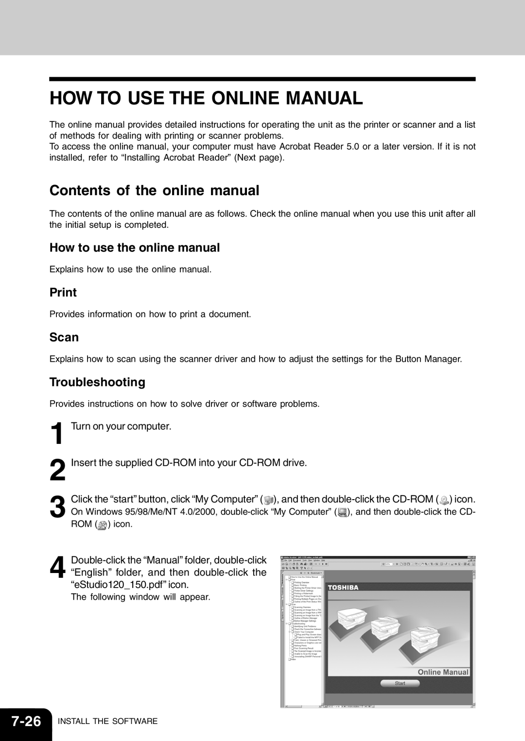 Toshiba 120/150 HOW to USE the Online Manual, Contents of the online manual 