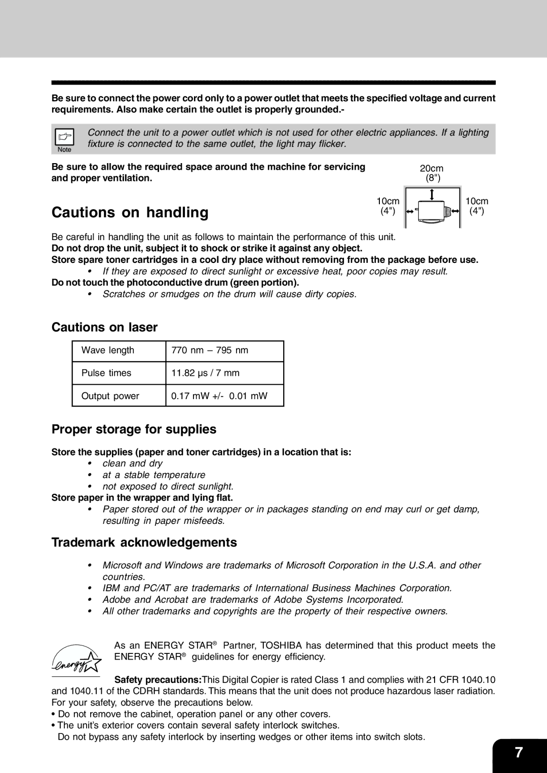 Toshiba 120/150 manual Proper storage for supplies, Trademark acknowledgements, Store paper in the wrapper and lying flat 