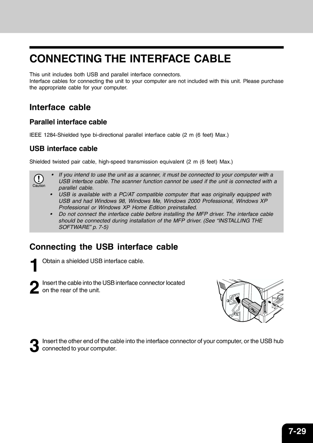 Toshiba 120/150 manual Connecting the Interface Cable, Interface cable, Connecting the USB interface cable 