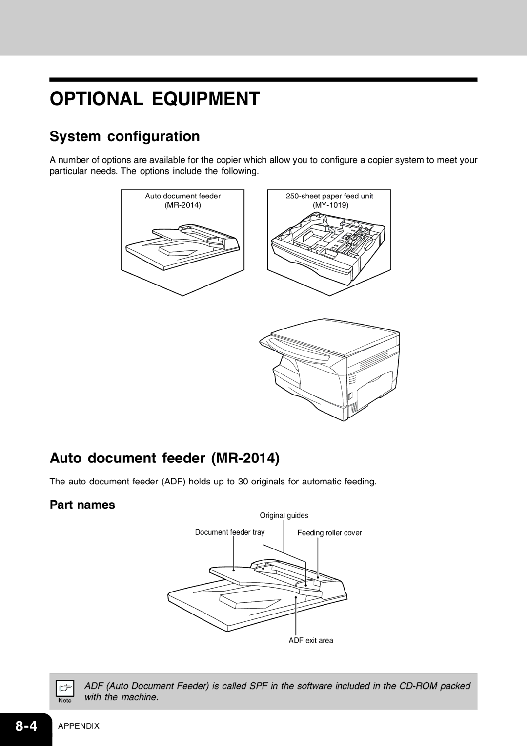 Toshiba 120/150 manual Optional Equipment, System configuration, Auto document feeder MR-2014, Part names 