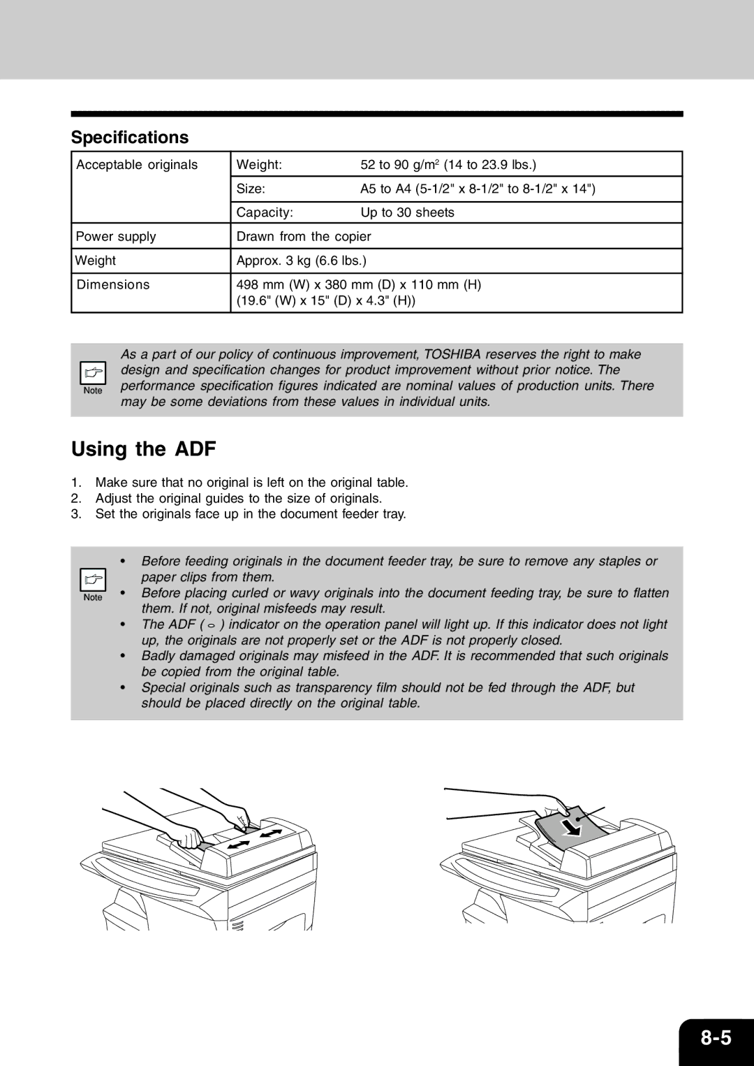 Toshiba 120/150 manual Using the ADF, Specifications 