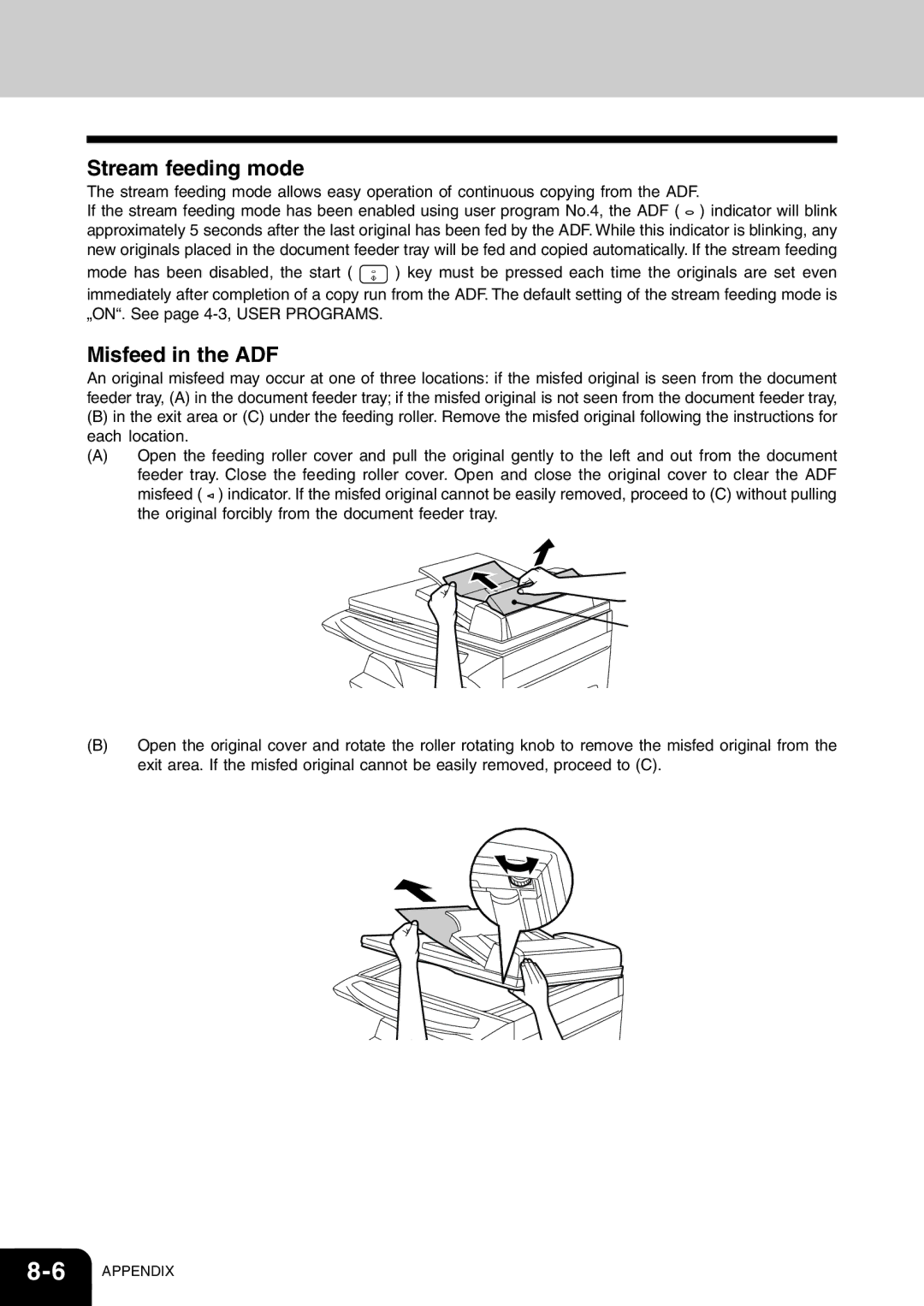 Toshiba 120/150 manual Stream feeding mode, Misfeed in the ADF 