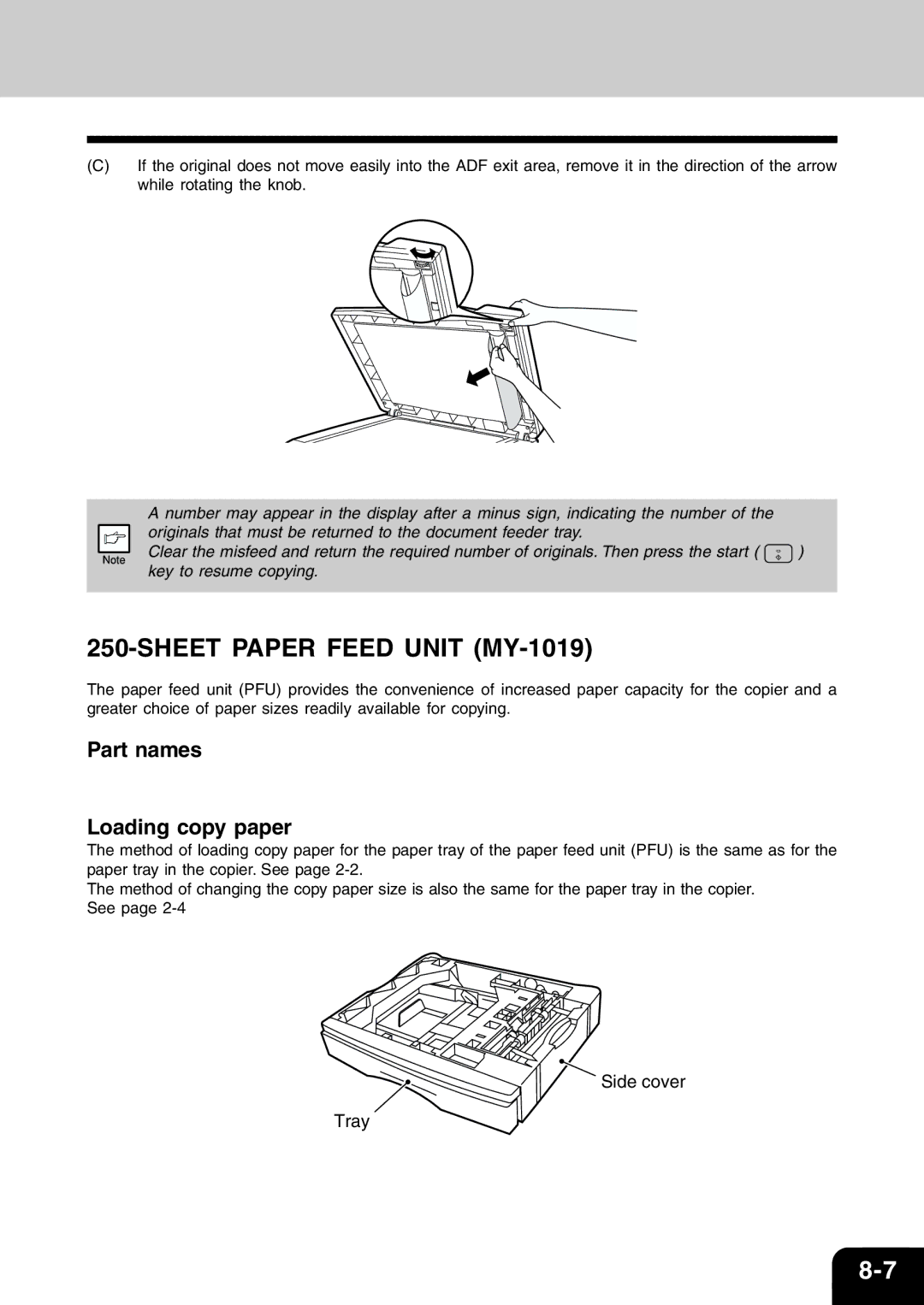 Toshiba 120/150 manual Part names Loading copy paper, Side cover Tray 