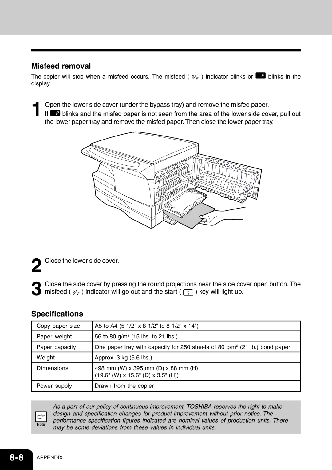 Toshiba 120/150 manual Misfeed removal, Specifications 