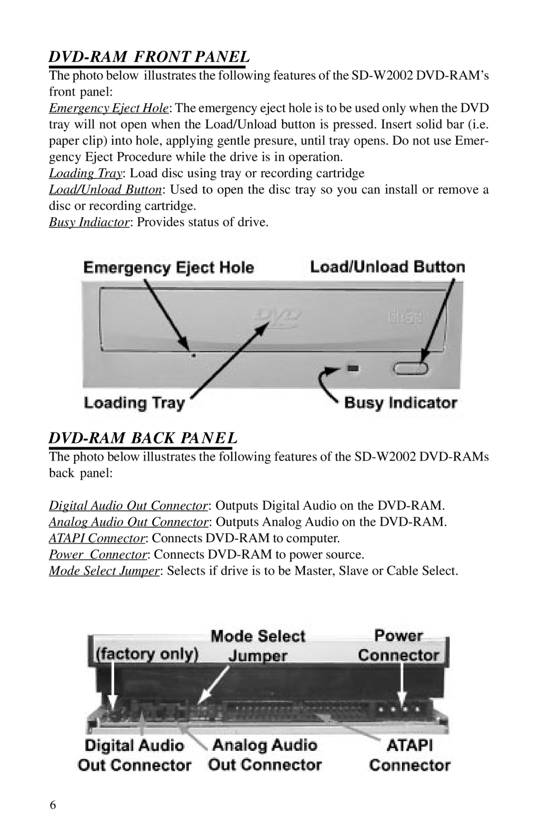 Toshiba 1202kit installation instructions DVD-RAM Front Panel, DVD-RAM Back Panel 