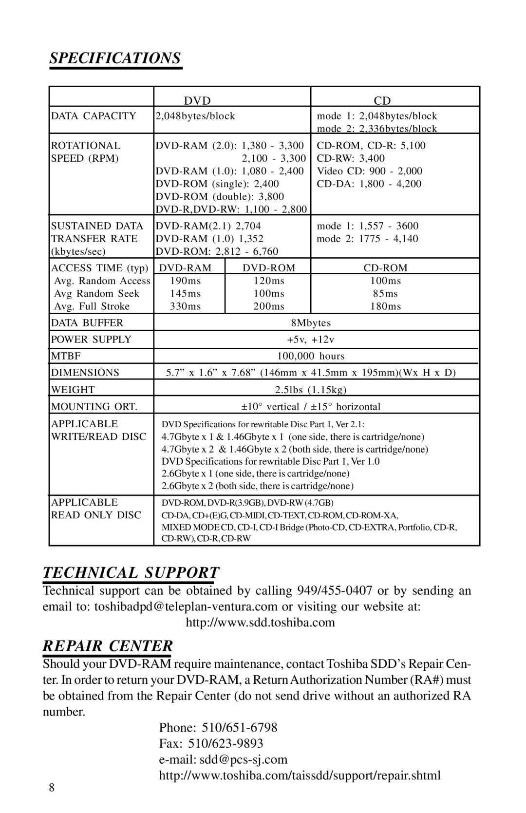 Toshiba 1202kit installation instructions Specifications, Technical Support Repair Center 