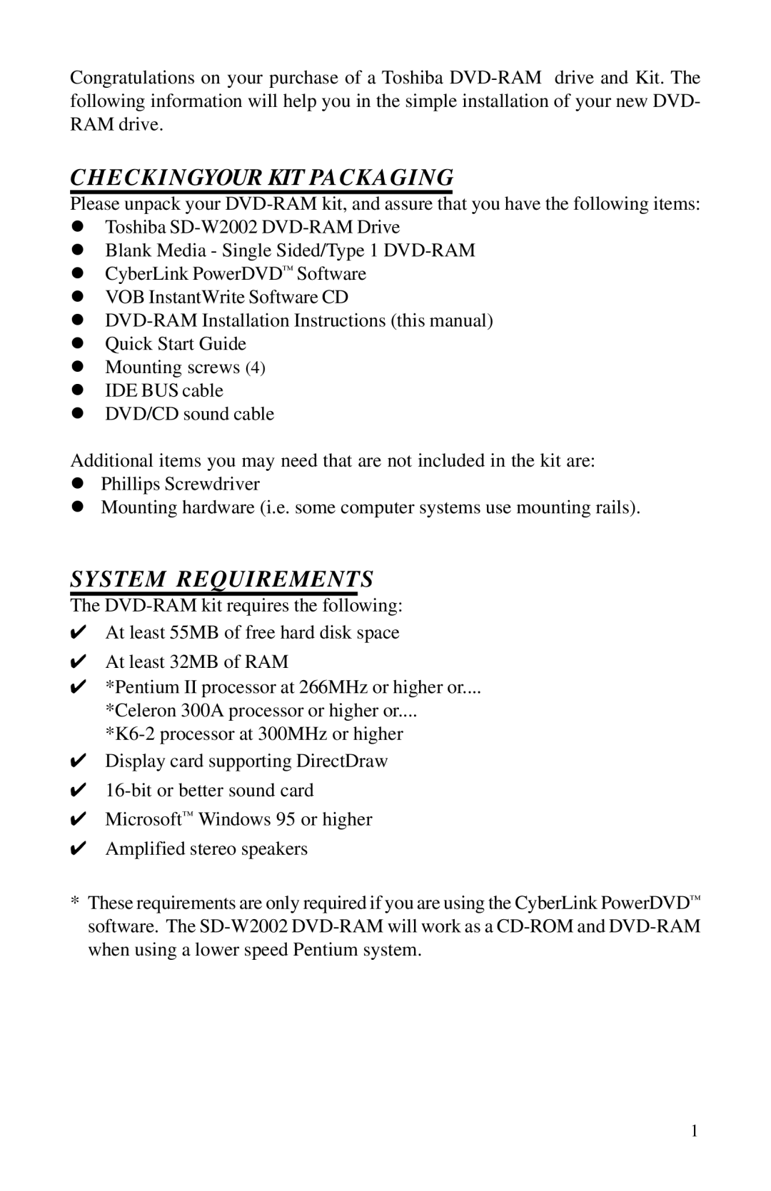 Toshiba 1202kit installation instructions Checking Your KIT Packaging, System Requirements 