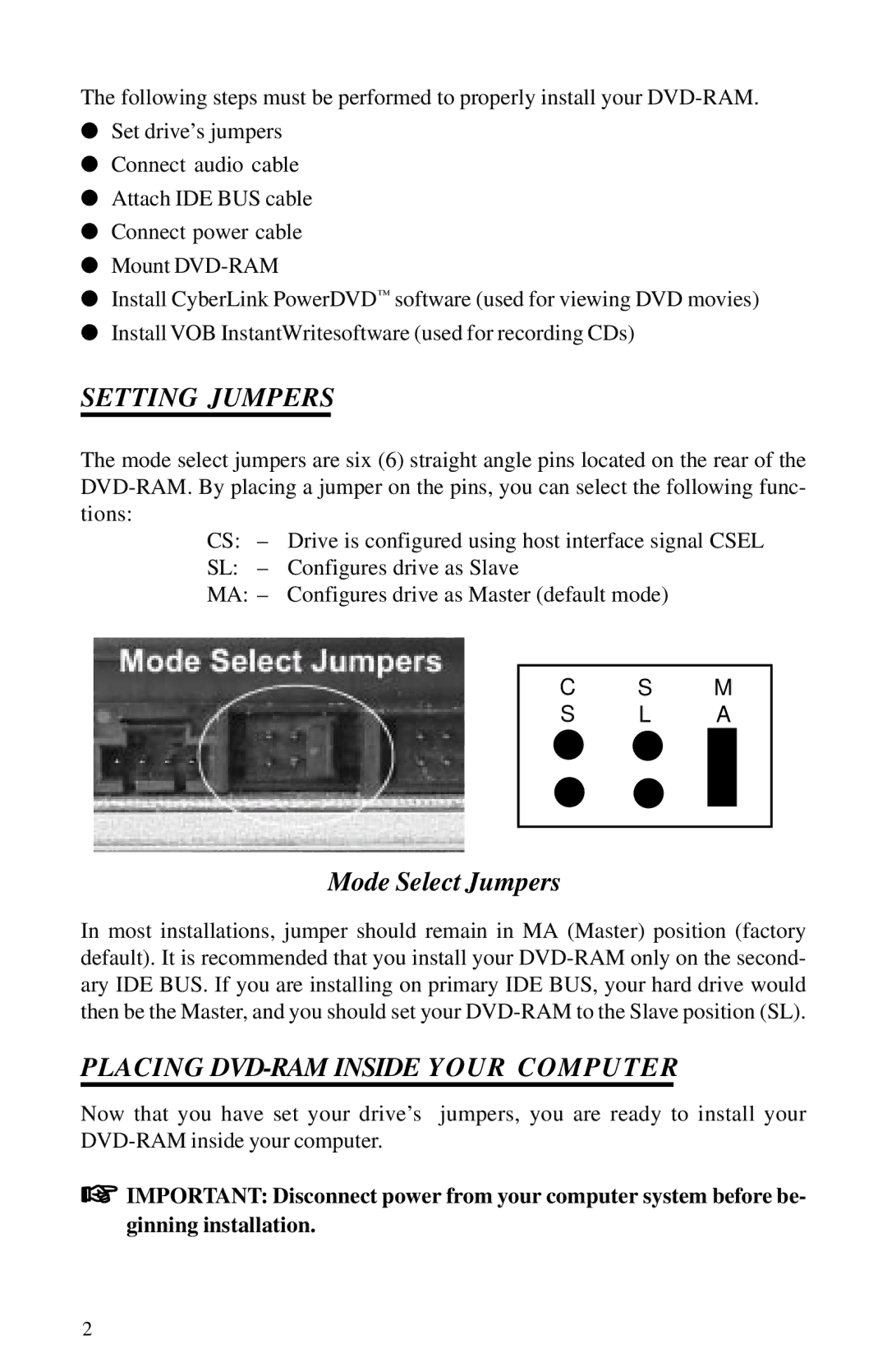 Toshiba 1202kit installation instructions Setting Jumpers, Placing DVD-RAM Inside Your Computer 