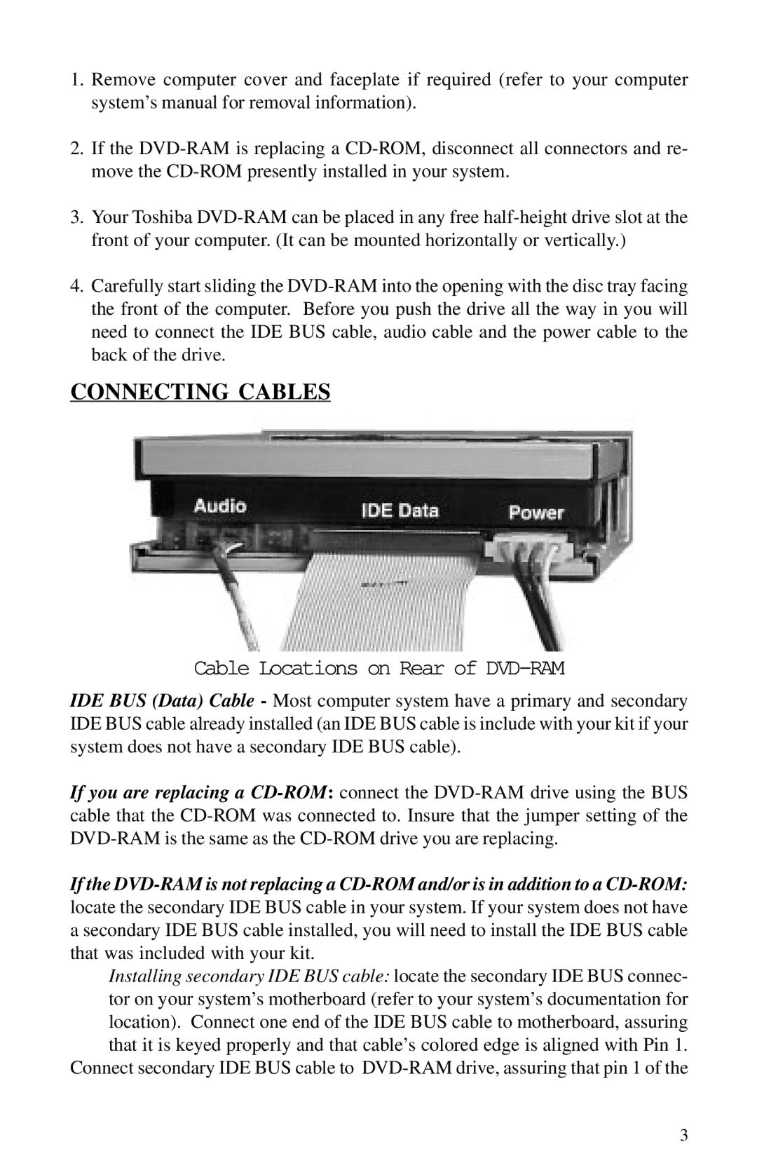 Toshiba 1202kit installation instructions Connecting Cables 