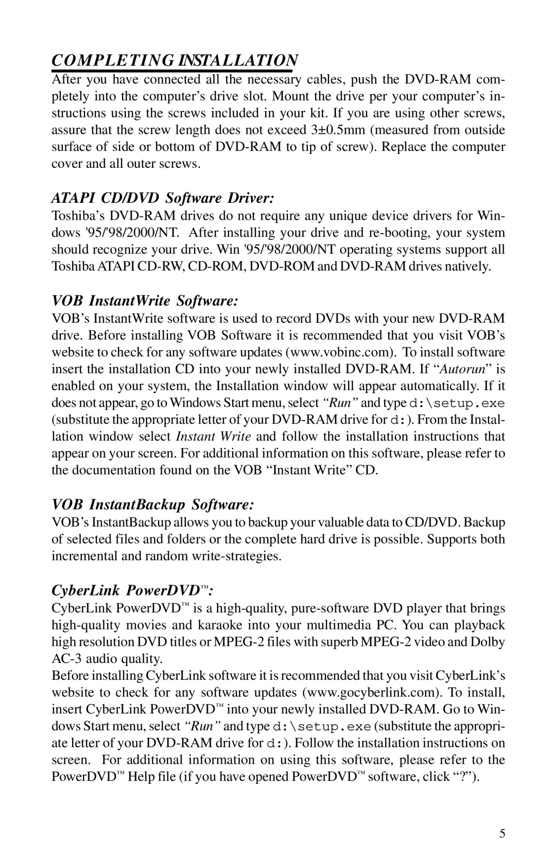 Toshiba 1202kit installation instructions Completing Installation, Atapi CD/DVD Software Driver 