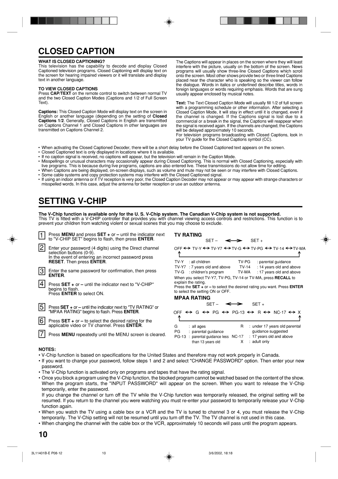 Toshiba 13A22 manual Closed Caption, Setting V-CHIP, TV Rating, Mpaa Rating 