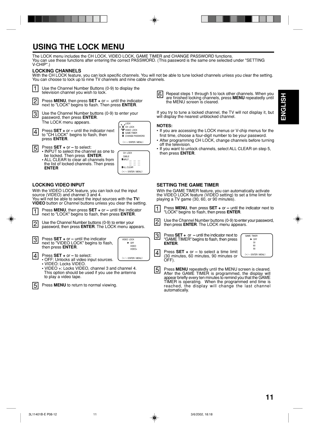 Toshiba 13A22 manual Using the Lock Menu, Locking Channels, Locking Video Input, Setting the Game Timer, Off 