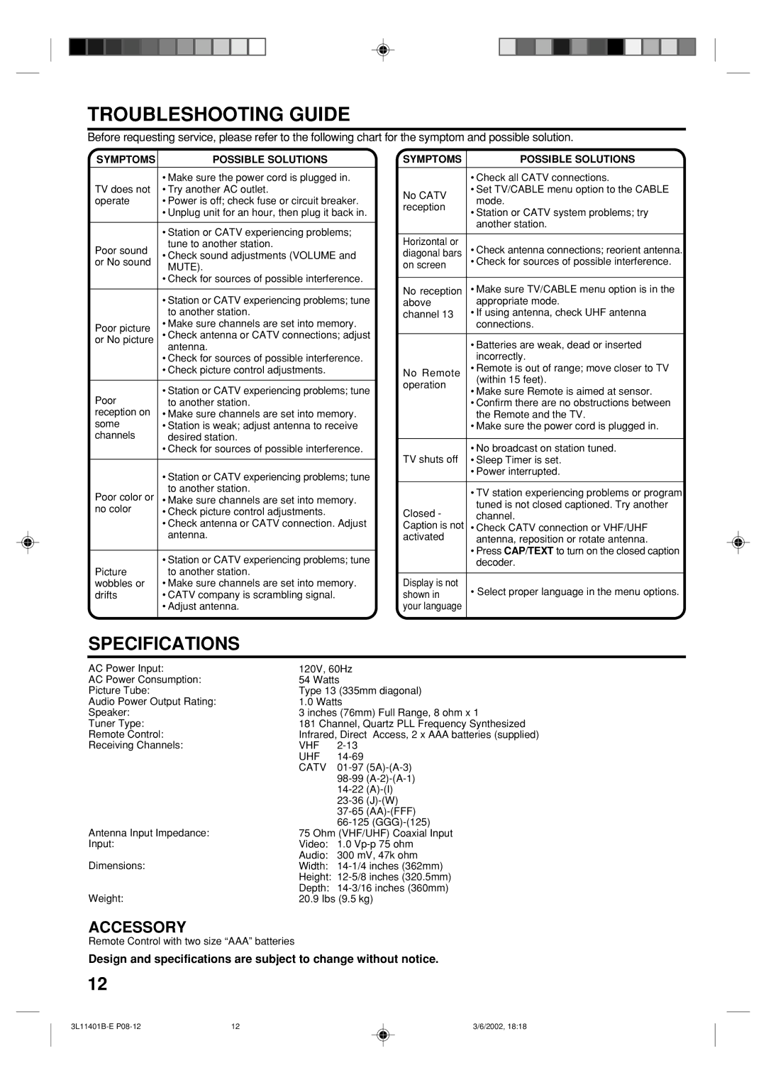 Toshiba 13A22 manual Troubleshooting Guide, Specifications, Symptoms Possible Solutions 