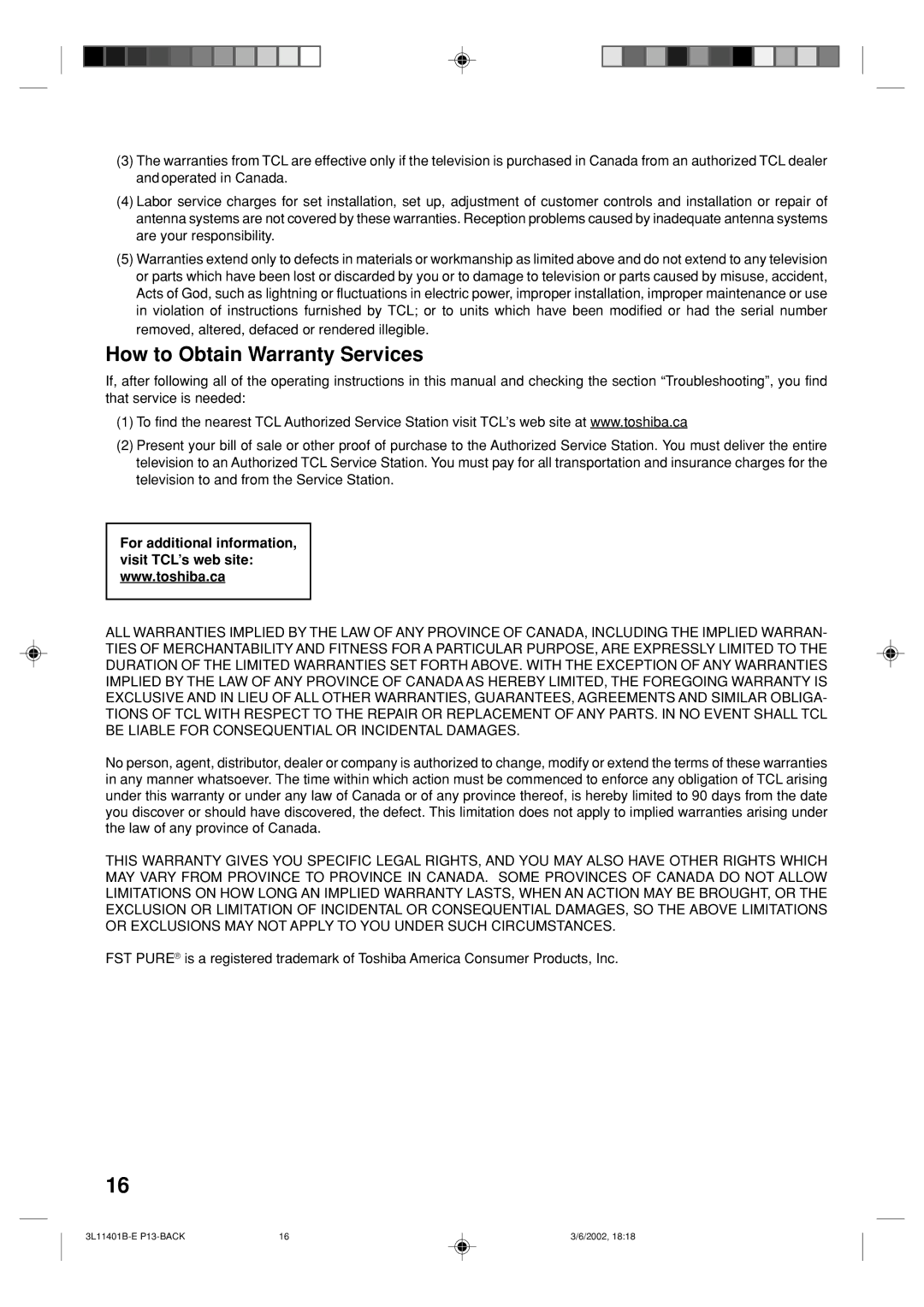 Toshiba 13A22 manual How to Obtain Warranty Services 