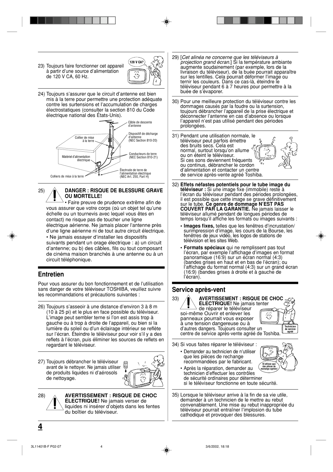 Toshiba 13A22 manual Avertissement Risque DE Choc 