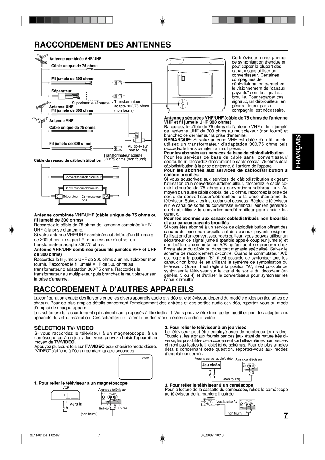 Toshiba 13A22 manual Raccordement DES Antennes, Raccordement À Dautres Appareils, Sélection TV/ Video 