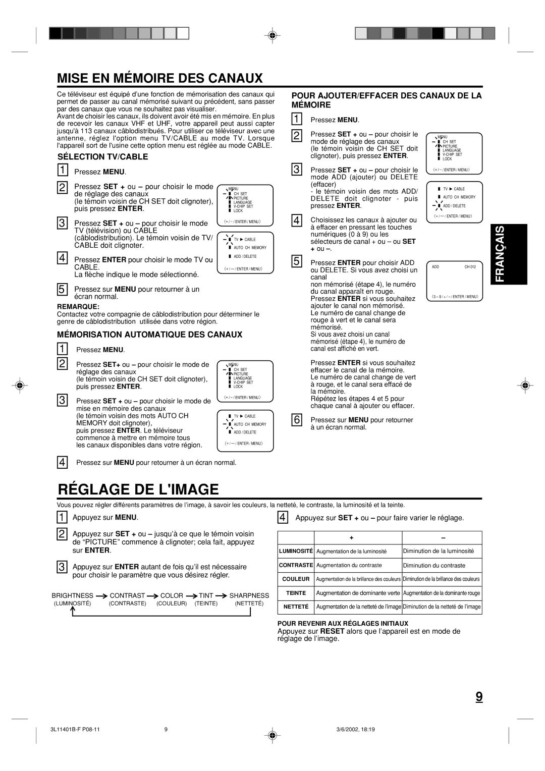 Toshiba 13A22 manual Mise EN Mémoire DES Canaux, Pour AJOUTER/EFFACER DES Canaux DE LA Mémoire, Sélection TV/CABLE, Cable 