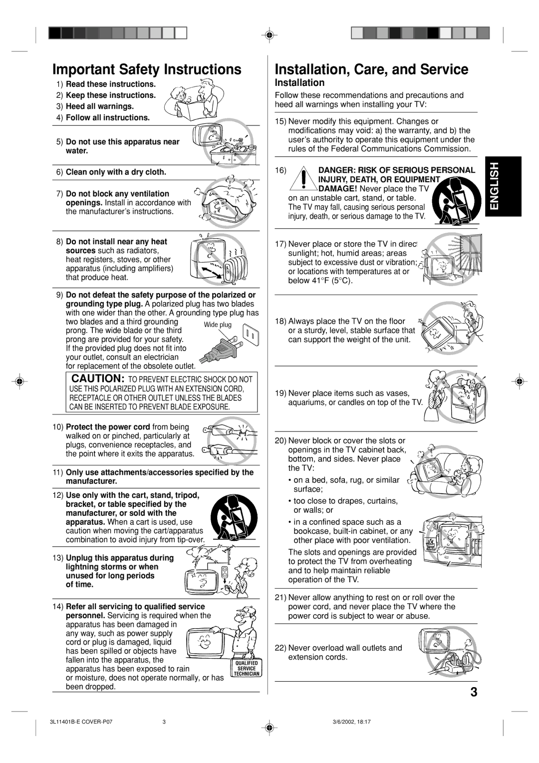 Toshiba 13A22 manual Important Safety Instructions, Installation, Care, and Service, INJURY, DEATH, or Equipment 