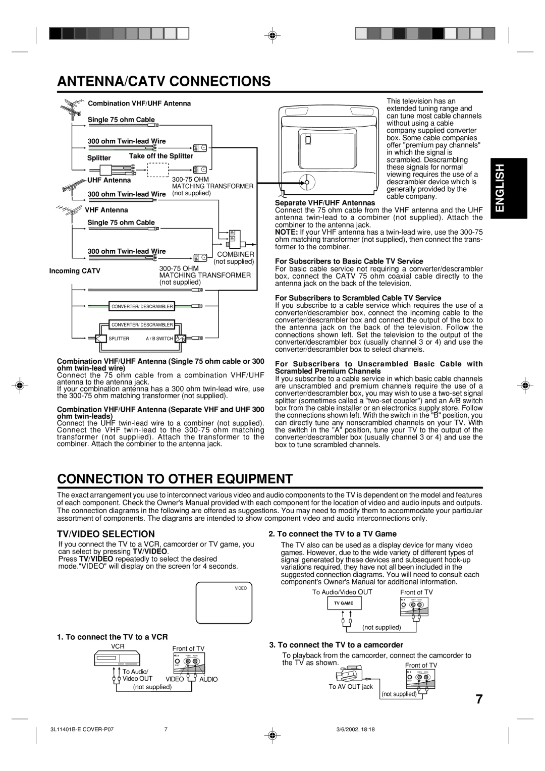 Toshiba 13A22 manual ANTENNA/CATV Connections, Connection to Other Equipment, TV/VIDEO Selection 