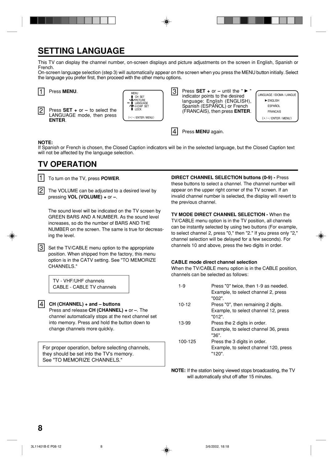 Toshiba 13A22 manual Setting Language, TV Operation, See to Memorize Channels, Enter, CH Channel + and buttons 