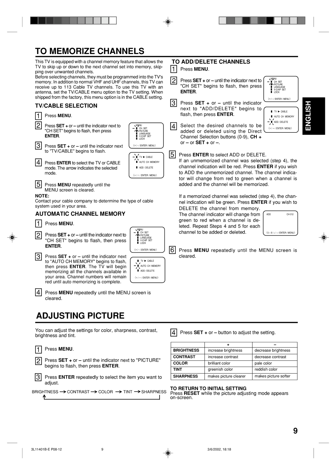 Toshiba 13A22 manual To Memorize Channels, Adjusting Picture, To ADD/DELETE Channels, TV/CABLE Selection 