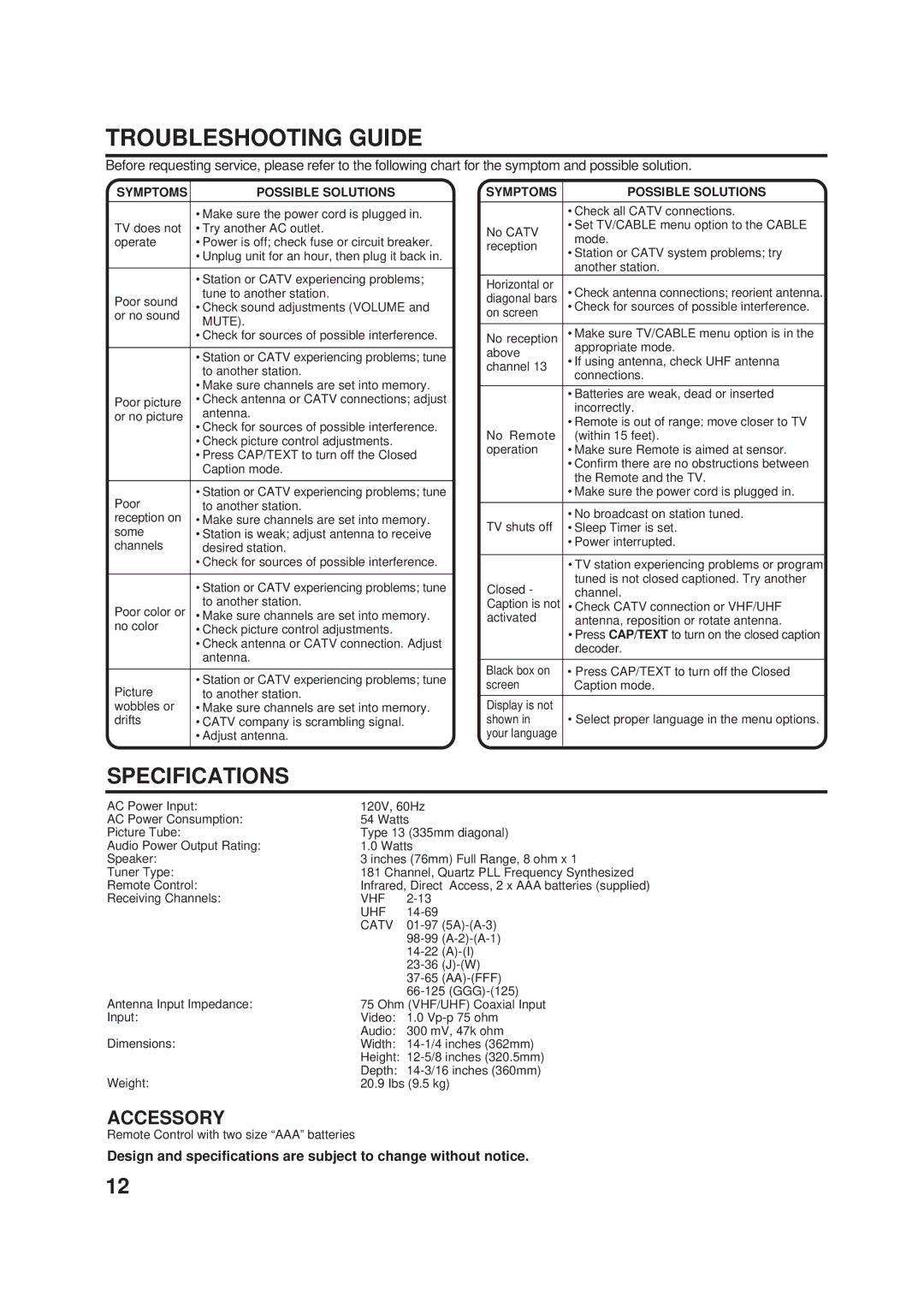 Toshiba 13A23W manual Troubleshooting Guide, Symptoms Possible Solutions 