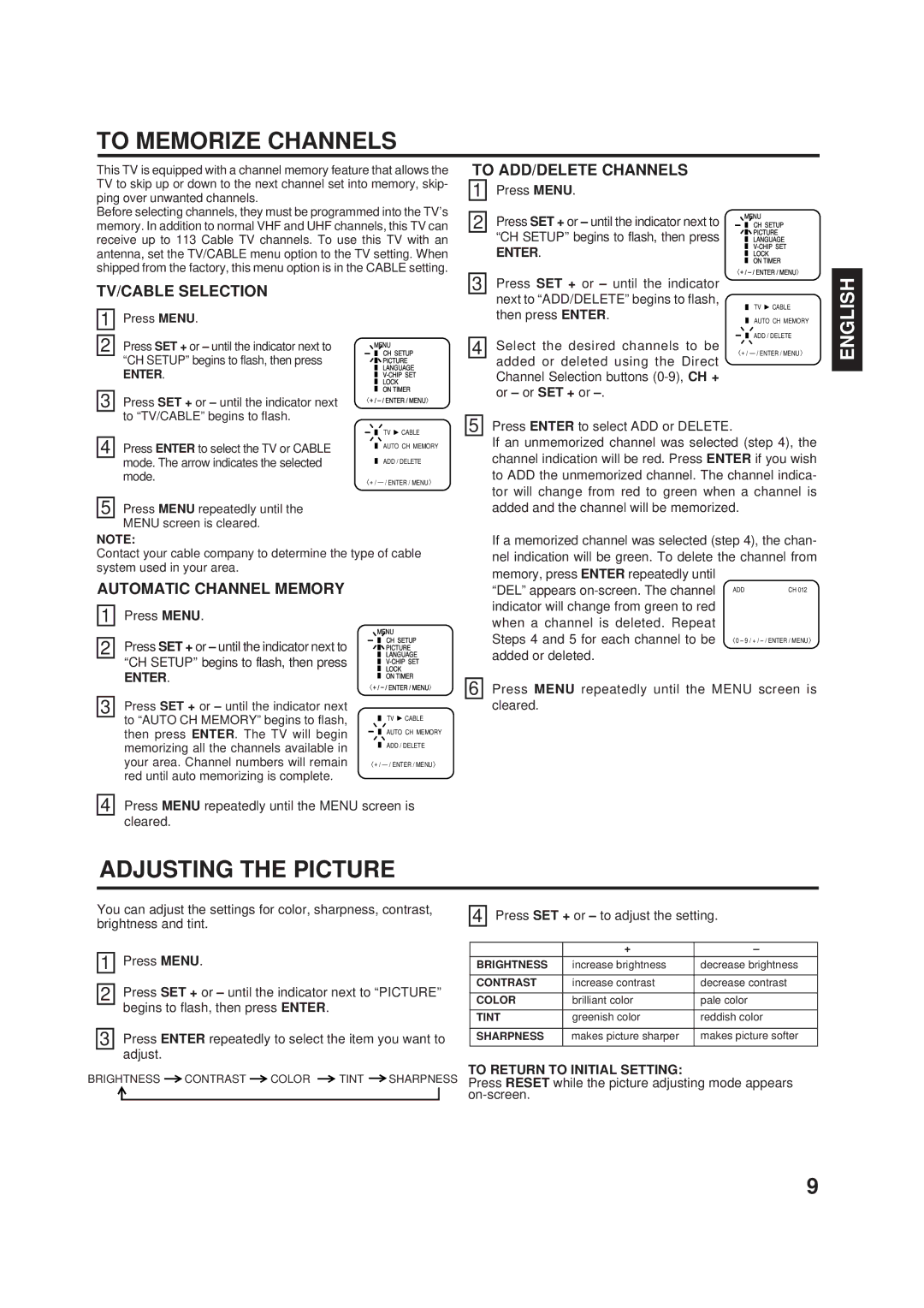 Toshiba 13A23W manual To Memorize Channels, Adjusting the Picture 