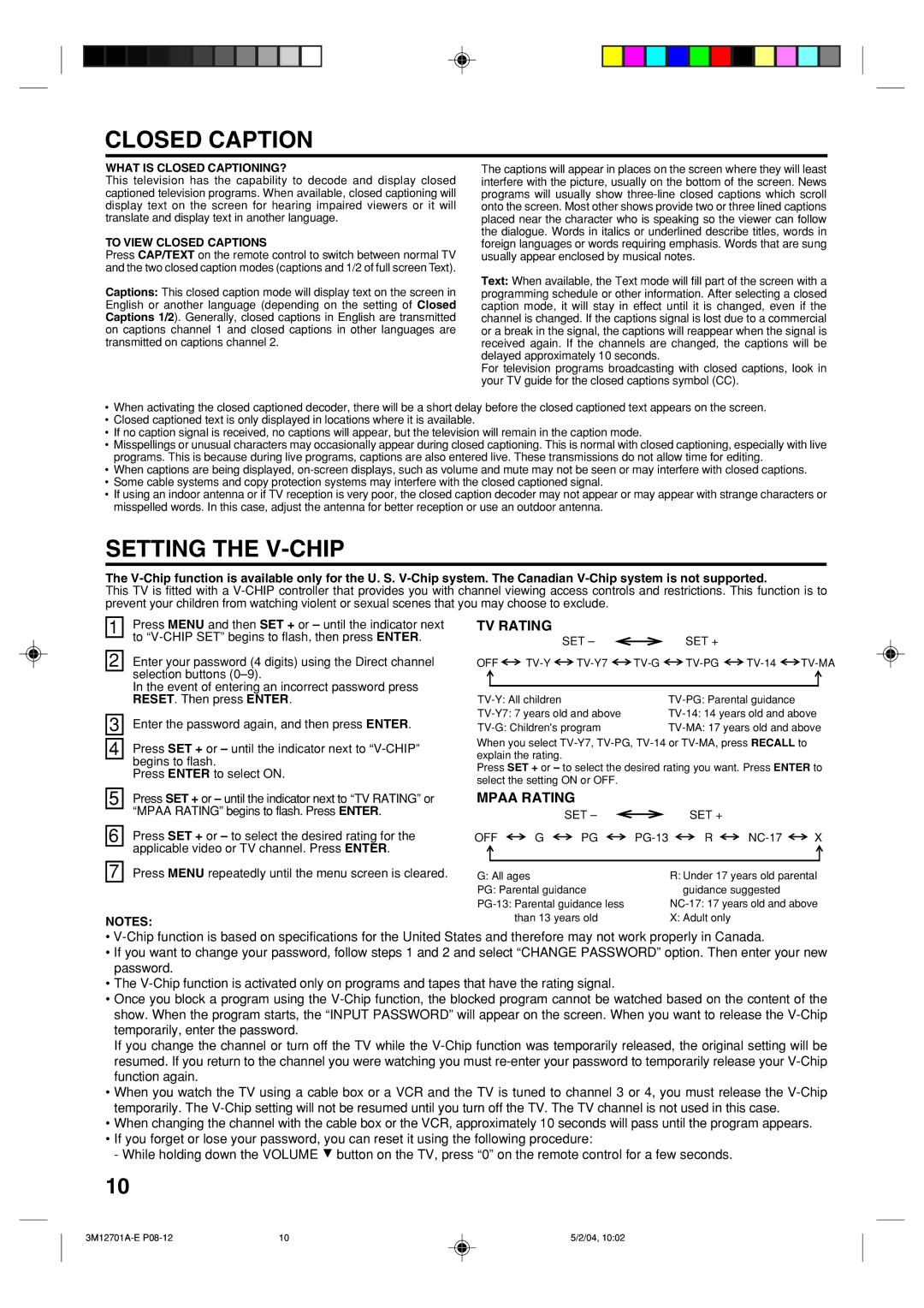 Toshiba 13A24 manual Closed Caption, Setting the V-CHIP, TV Rating, Mpaa Rating 