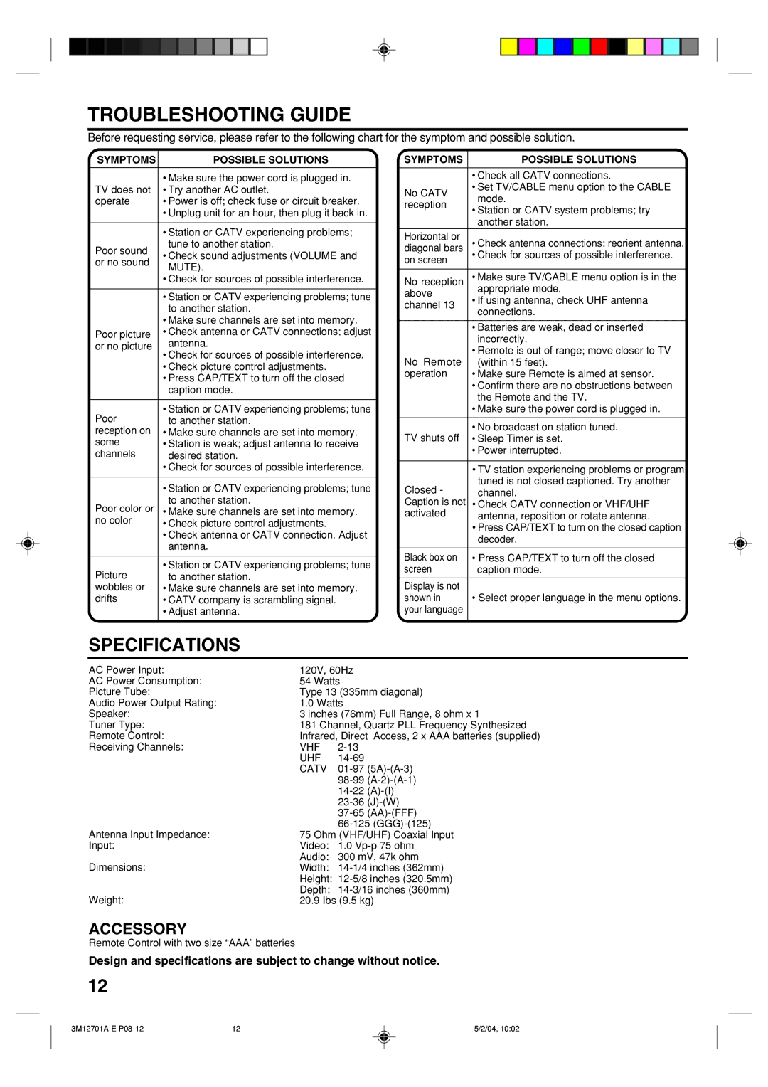 Toshiba 13A24 manual Troubleshooting Guide, Specifications, Symptoms Possible Solutions 