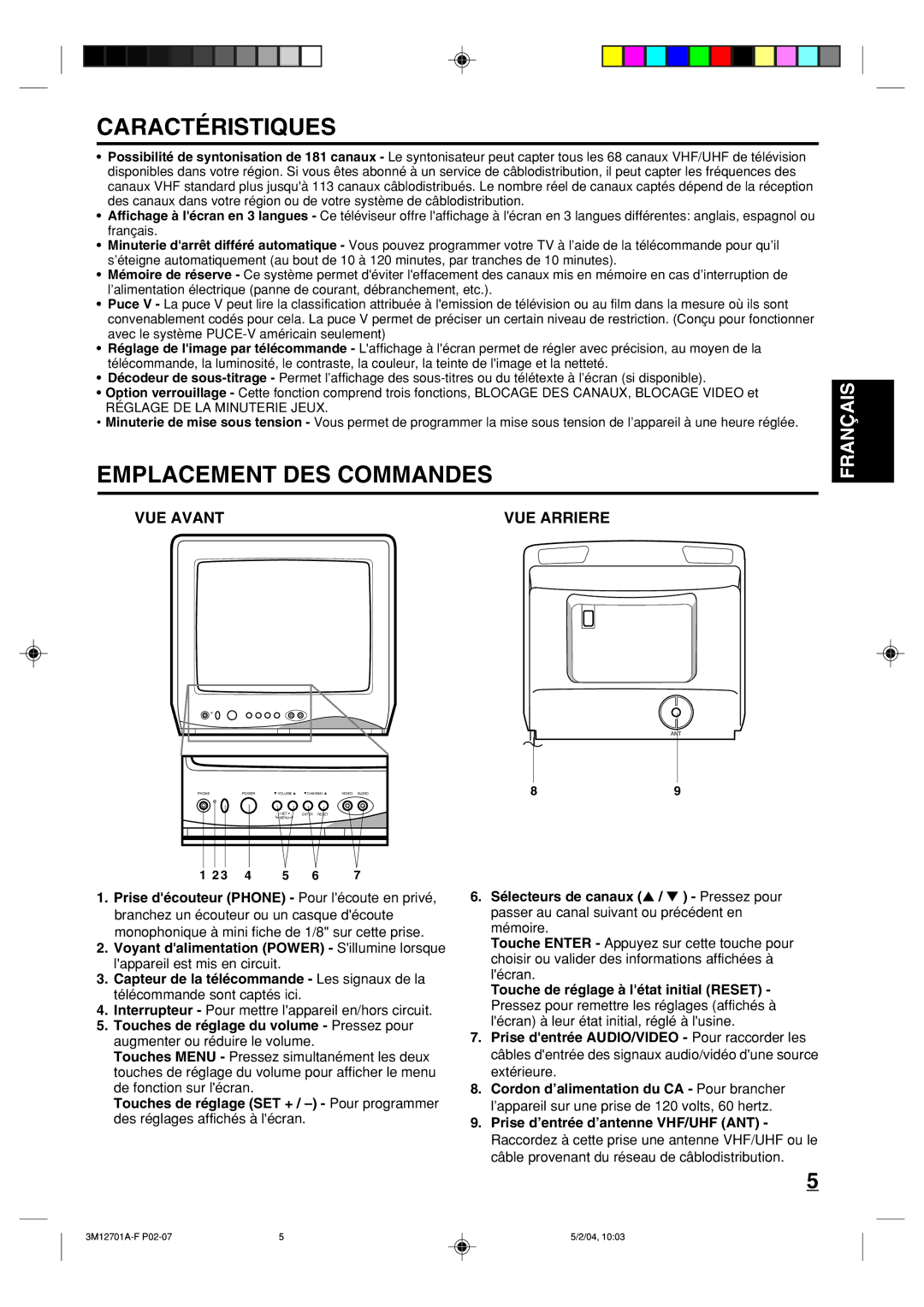 Toshiba 13A24 manual Caractéristiques, Emplacement DES Commandes, VUE Avant VUE Arriere 