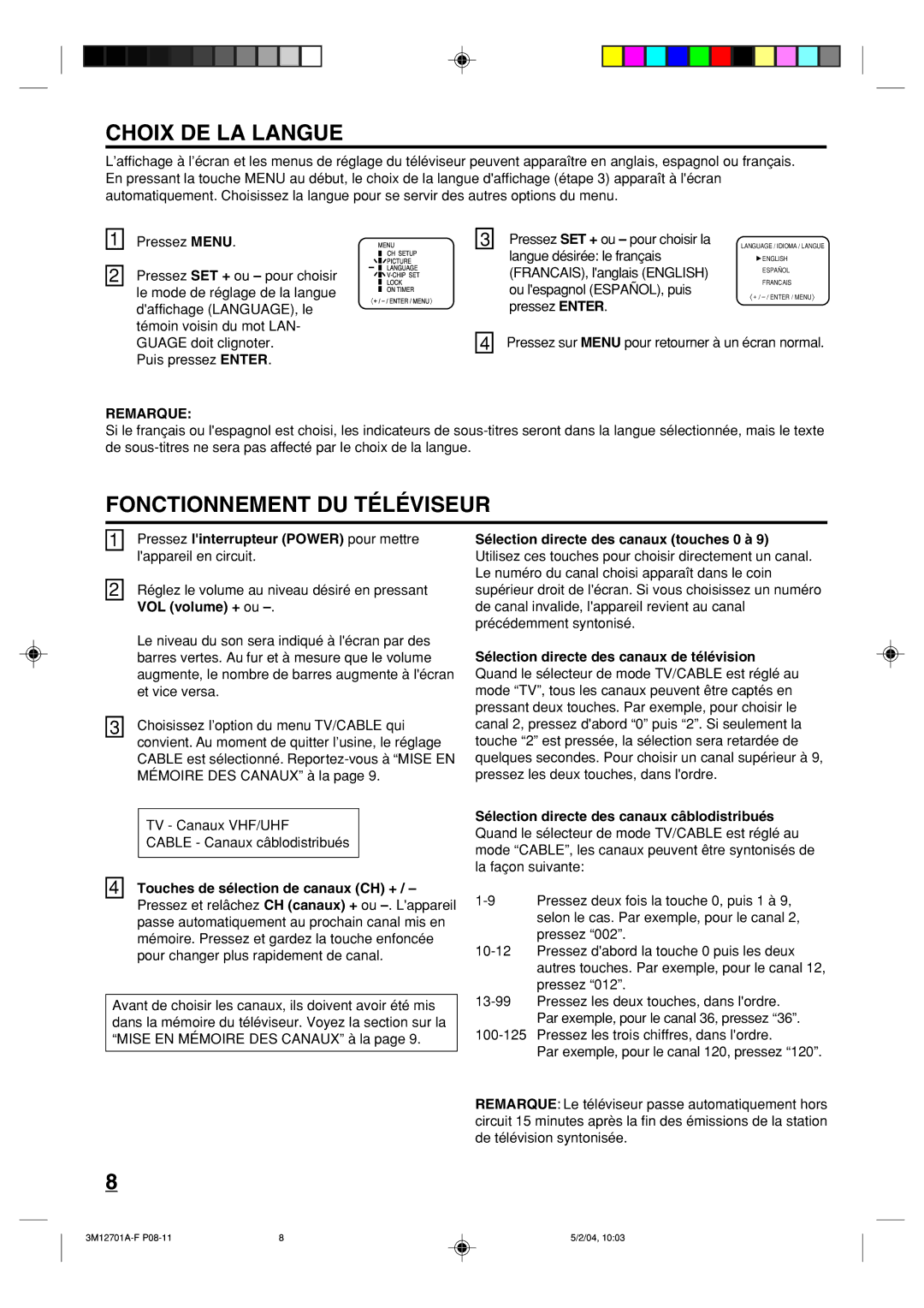 Toshiba 13A24 manual Choix DE LA Langue, Fonctionnement DU Téléviseur, Remarque 