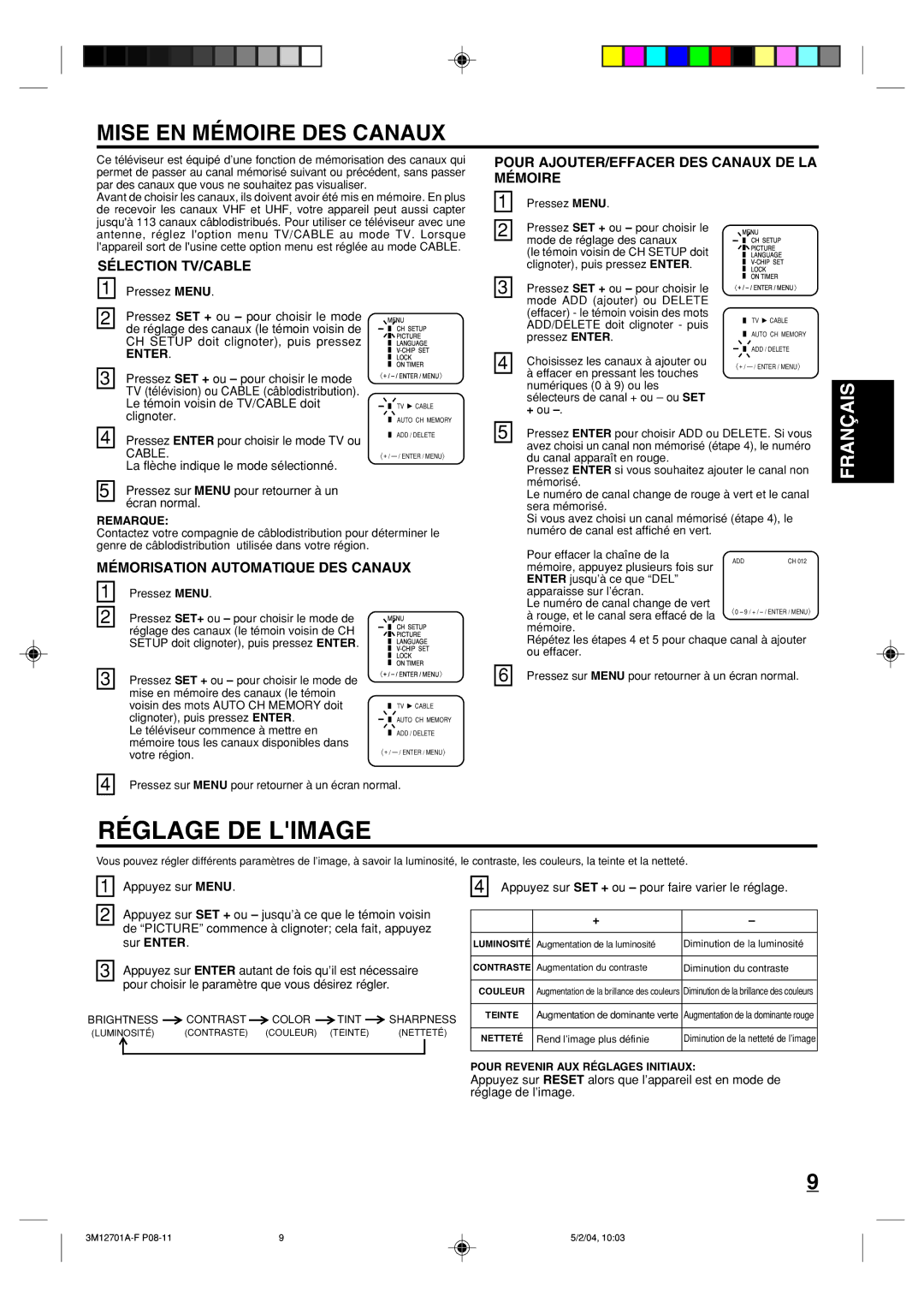 Toshiba 13A24 manual Mise EN Mémoire DES Canaux, Pour AJOUTER/EFFACER DES Canaux DE LA Mémoire, Sélection TV/CABLE 