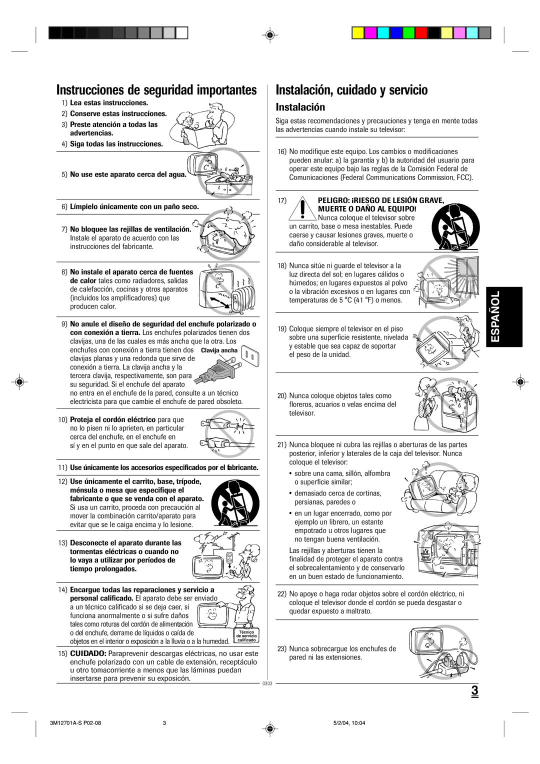 Toshiba 13A24 manual Instrucciones de seguridad importantes, ’ y en el punto en que sale del aparato 