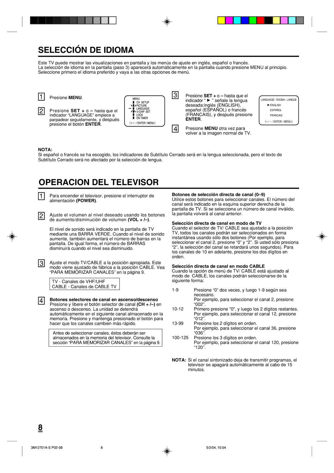 Toshiba 13A24 manual Selección DE Idioma, Operacion DEL Televisor, Nota 