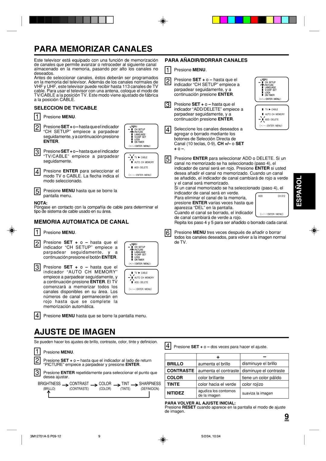 Toshiba 13A24 manual Para Memorizar Canales, Ajuste DE Imagen, Memoria Automatica DE Canal, Para AÑADIR/BORRAR Canales 