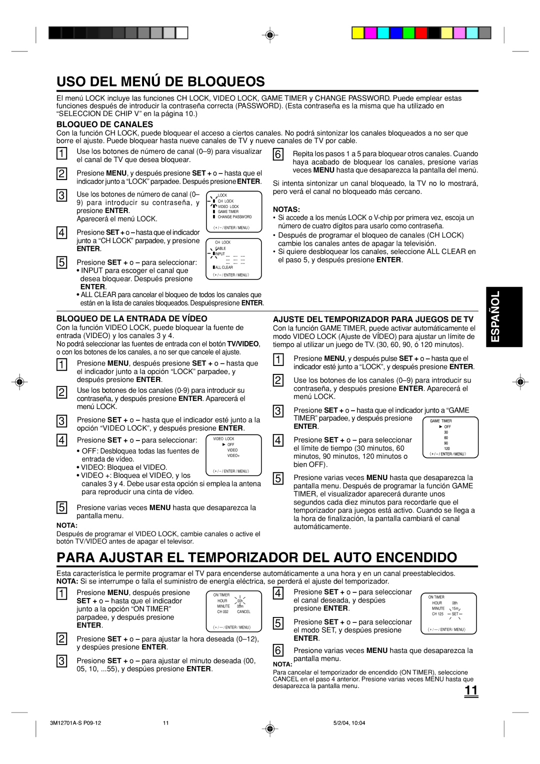 Toshiba 13A24 manual USO DEL Menú DE Bloqueos, Para Ajustar EL Temporizador DEL Auto Encendido, Bloqueo DE Canales 