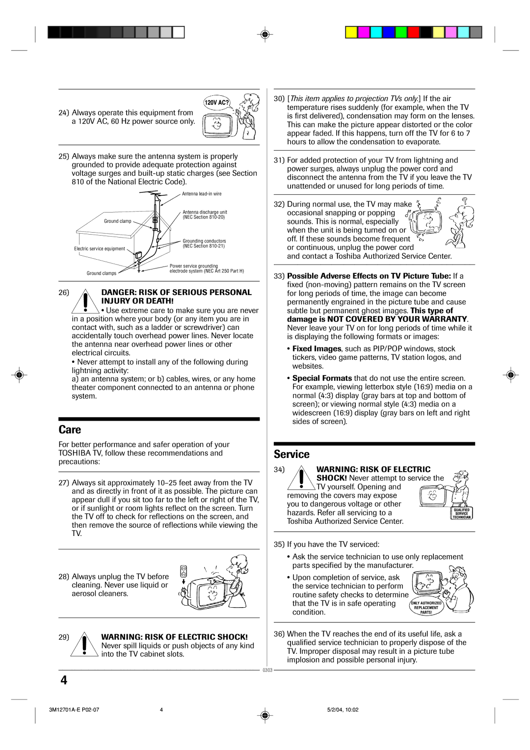 Toshiba 13A24 manual Care, Service 