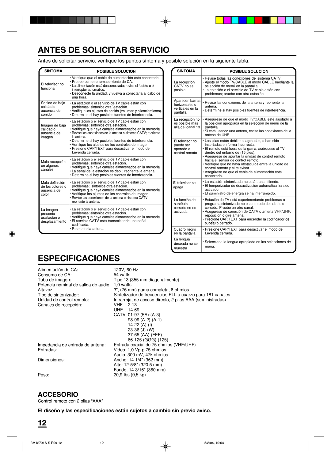 Toshiba 13A24 manual Antes DE Solicitar Servicio, Especificaciones 