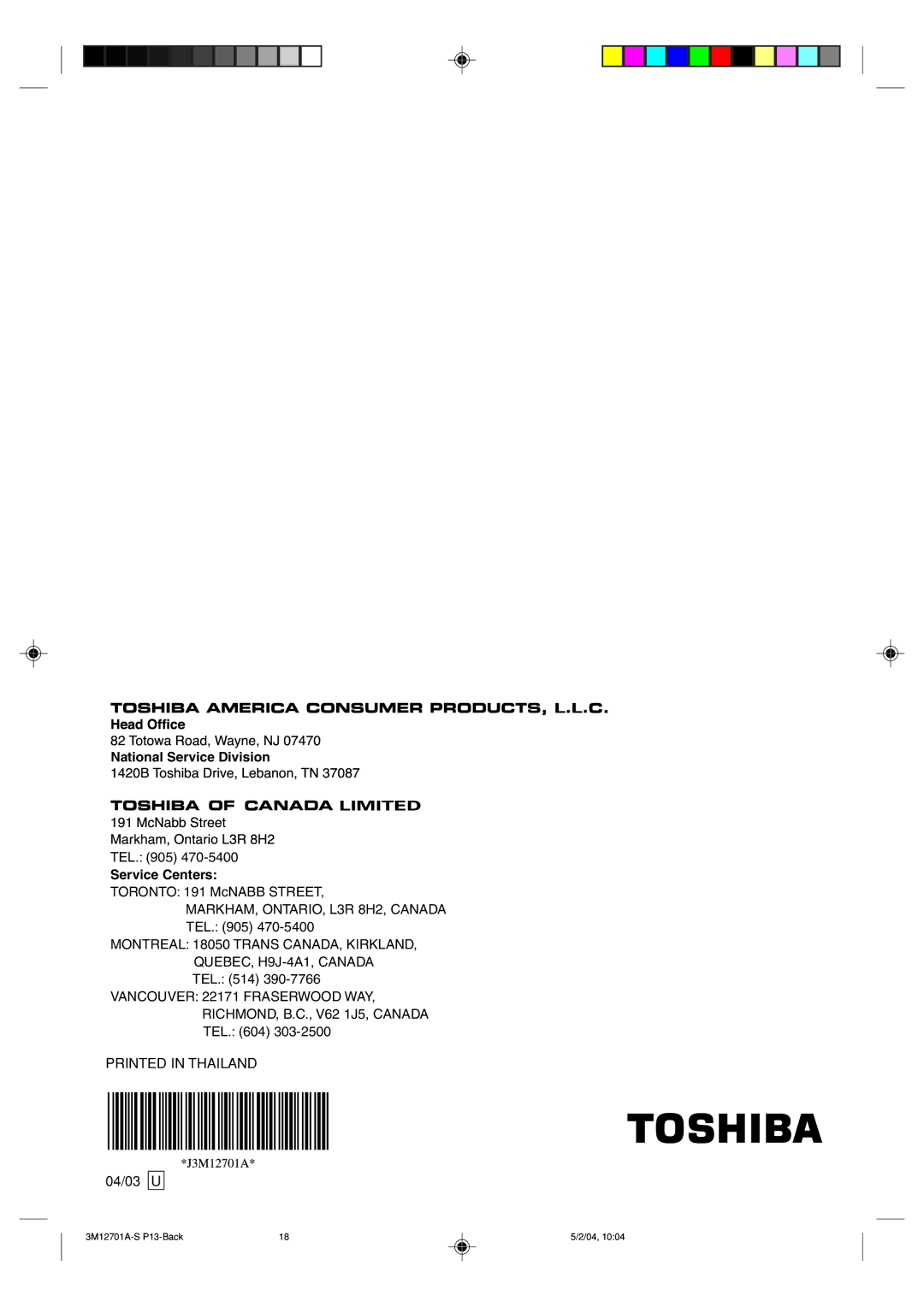 Toshiba 13A24 manual Service Centers, National Service Division 