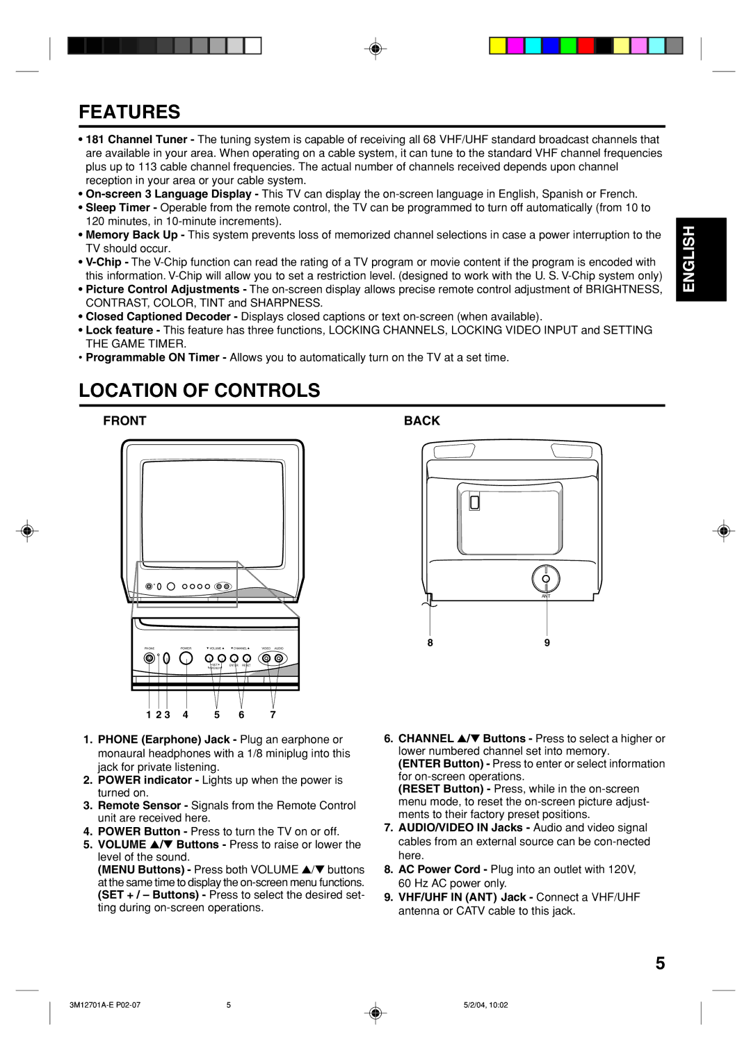 Toshiba 13A24 manual Features, Location of Controls, Front Back 