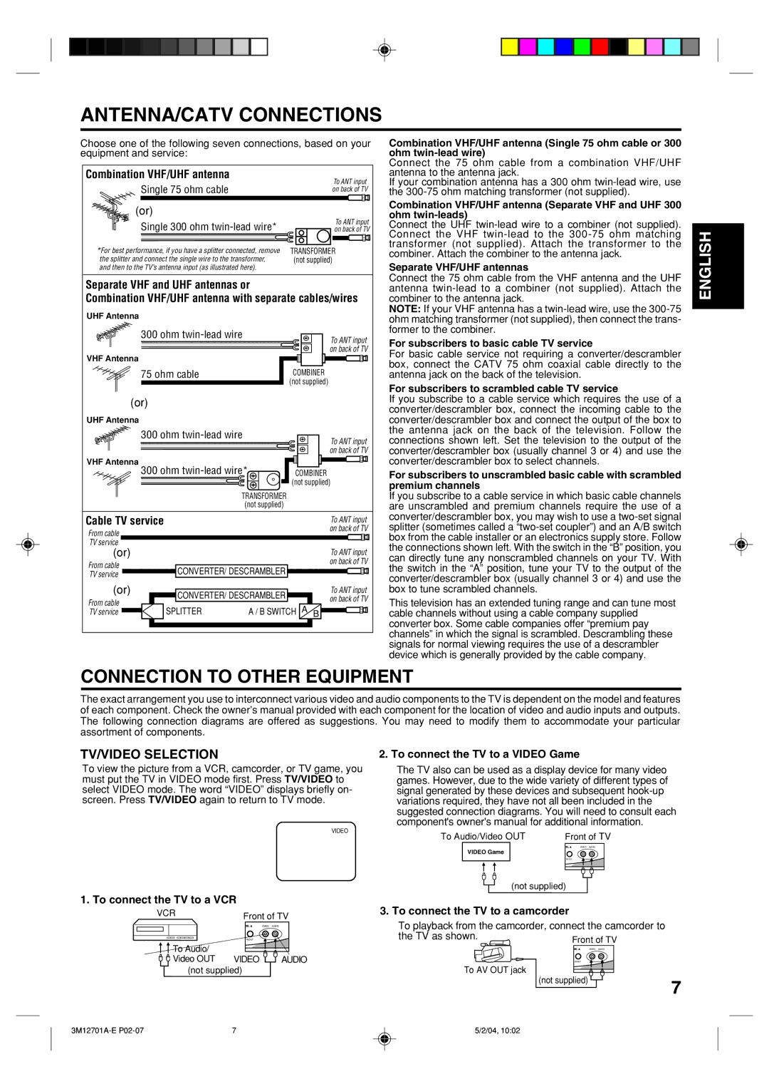 Toshiba 13A24 manual ANTENNA/CATV Connections, Connection to Other Equipment, TV/VIDEO Selection 