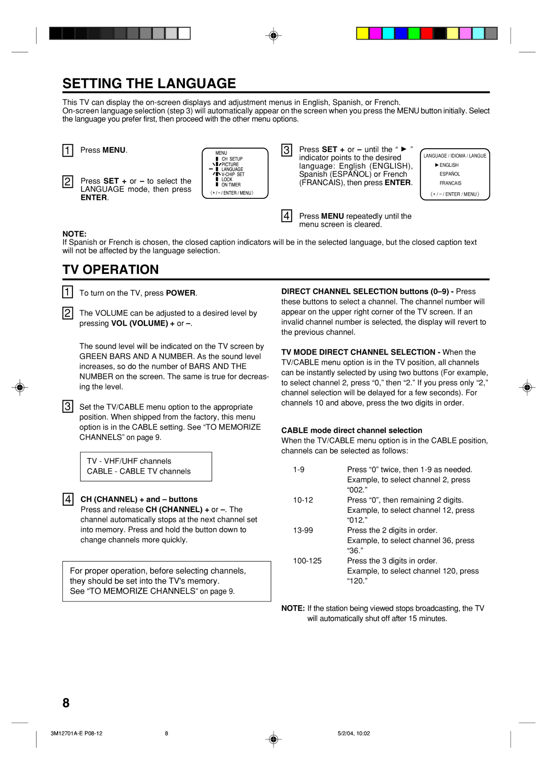 Toshiba 13A24 manual Setting the Language, TV Operation, Enter 